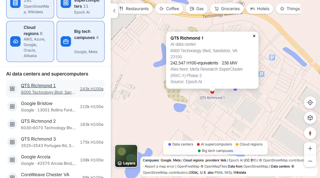A data center page for one U.S. state: lists of data centers, and on the map a pop-up for one site giving its name, operator, size and a Details link